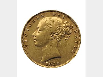 1858 Queen Victoria Young Head London Mint Shield Gold Sovereign.
