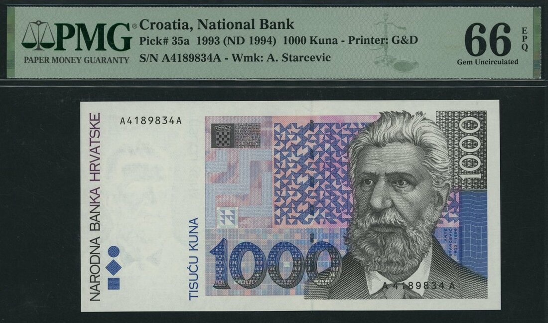 Narodna Banka Hrvatske, National Bank, Croatia, 1000 Kuna, 1993 (ND ...
