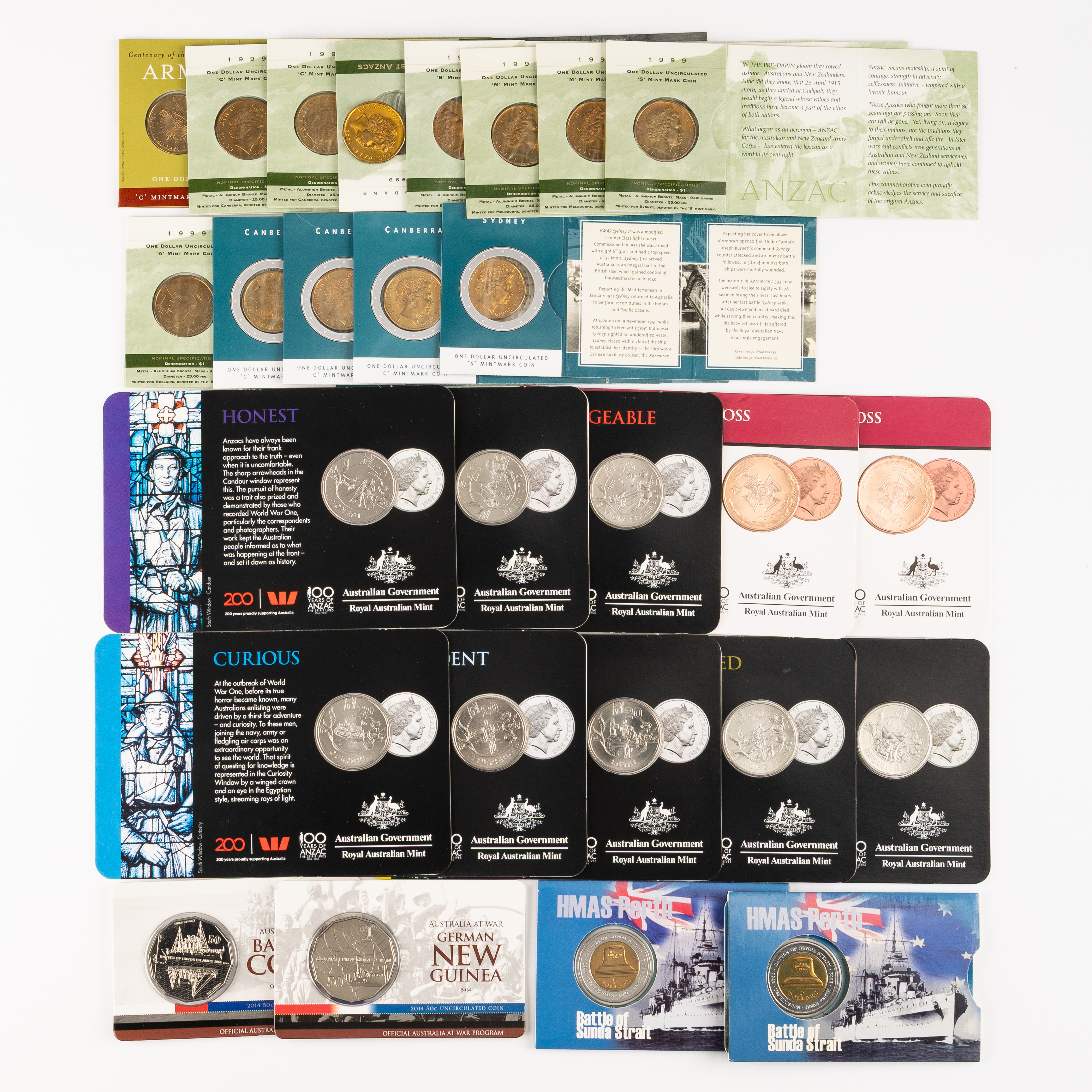 Elizabeth II, ANZAC Related, Twenty Cents - Five Dollars, 1999 - 2018, UNC