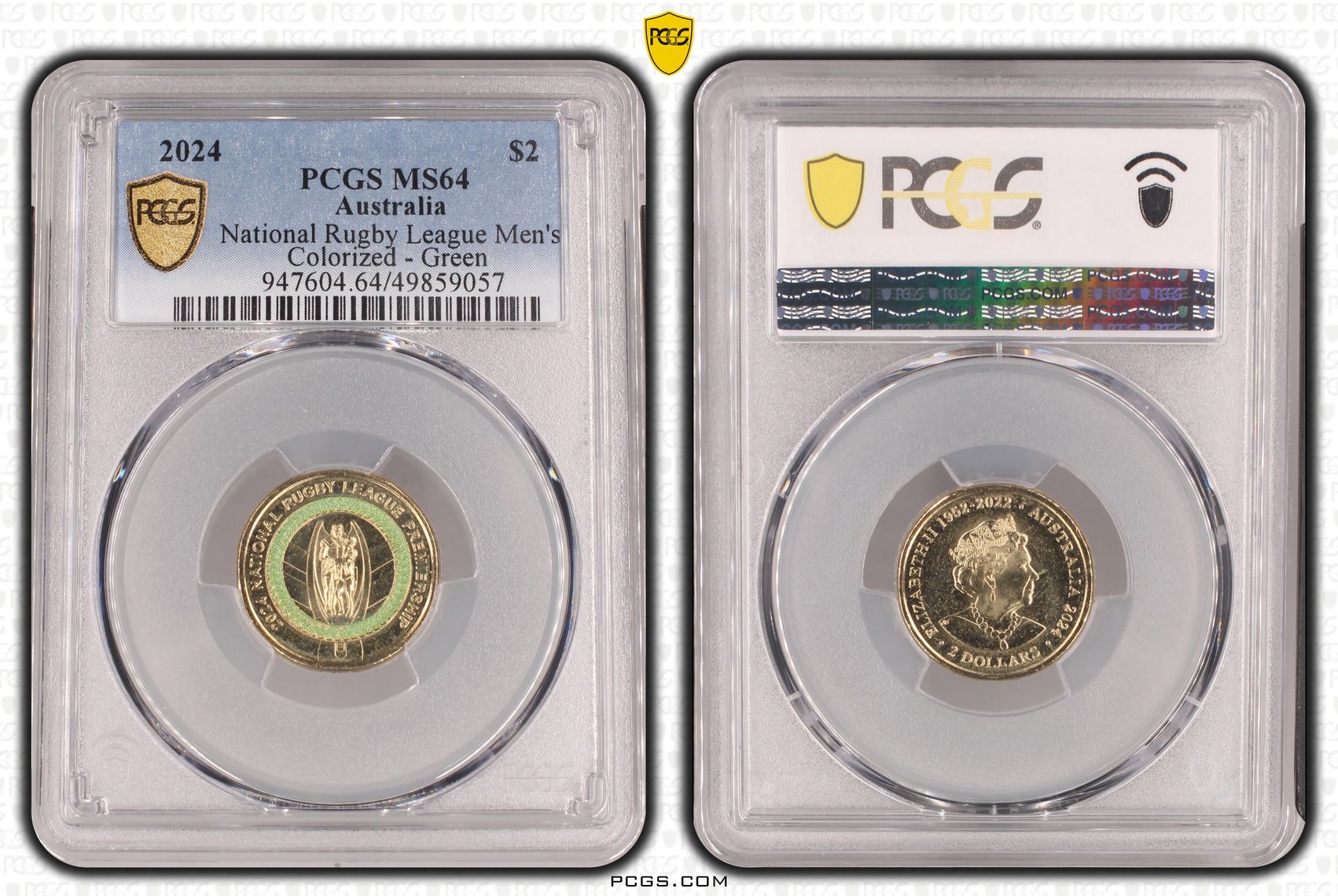 National Rugby League Men's Colorized - Green , Two Dollar, 2024, PCGS MS64