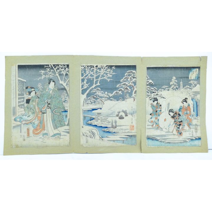 Antique Japanese Triptych Woodblock Print in Folio - Hiroshige and Toyokuni
