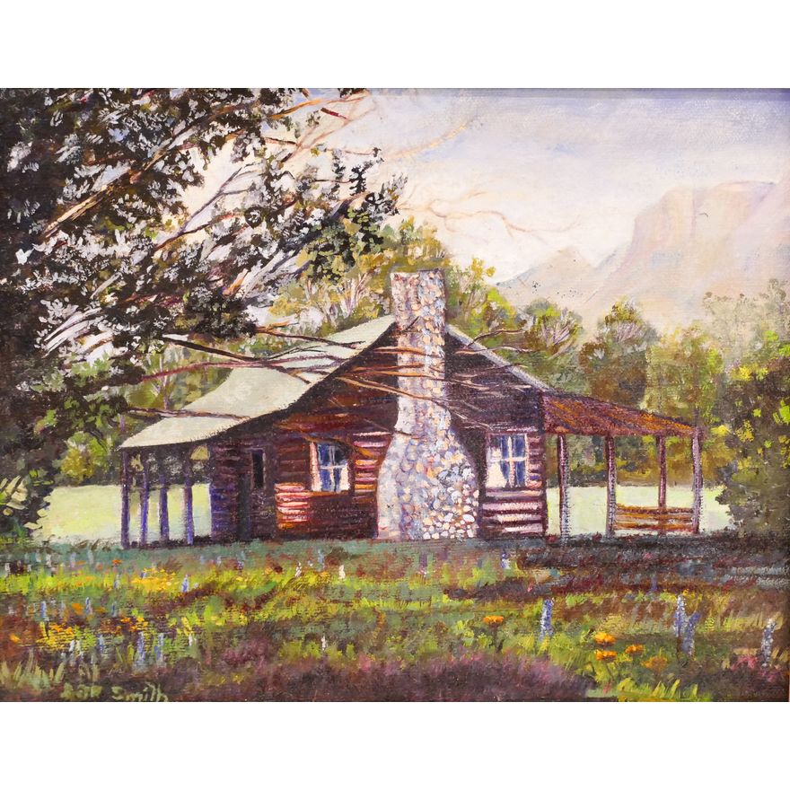 Barbara France Smith ''Cabin in The Woods'' Oil on Canvas Painting. Dated 1985.