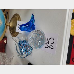 Millefiori glass fish, paper weight and blue bird