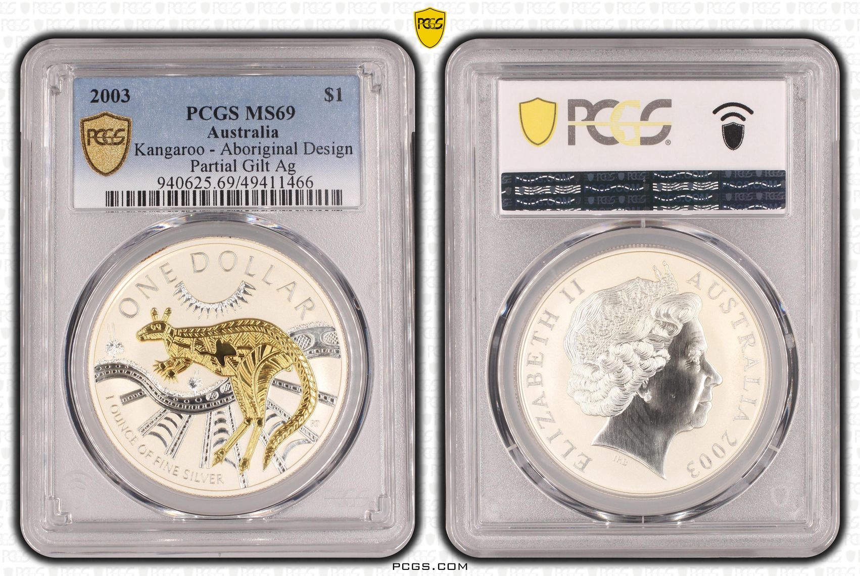 Kangaroo Ag-Aboriginal Design Partial Gilt Ag, One Dollar, 2003, PCGS MS69