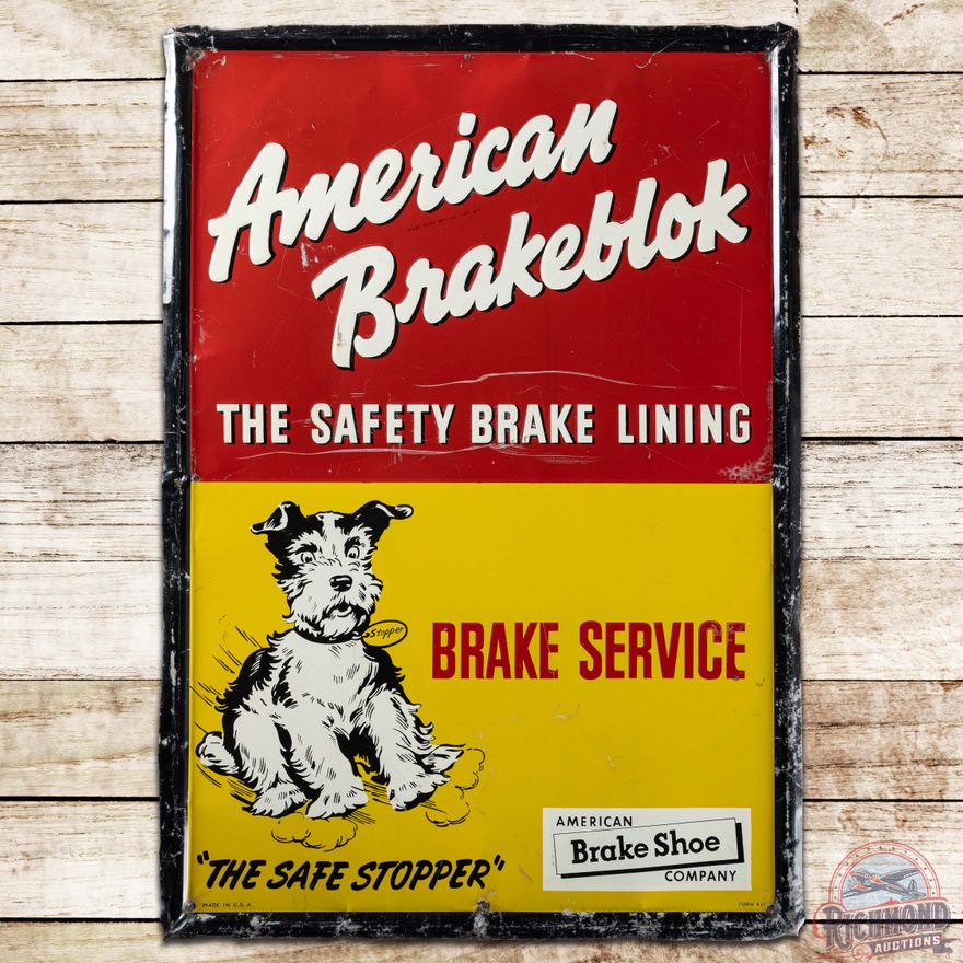 American Brakeblok Brake Service "The Safe Stopper" Embossed SS Tin Sign