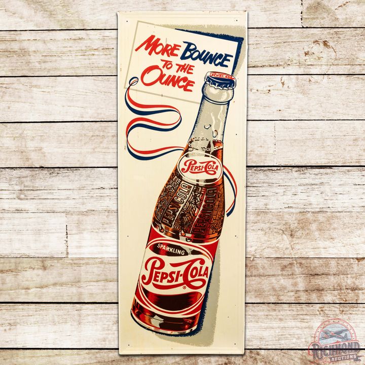 Pepsi Cola "More Bounce to the Ounce" Embossed SST Sign w/ Bottle