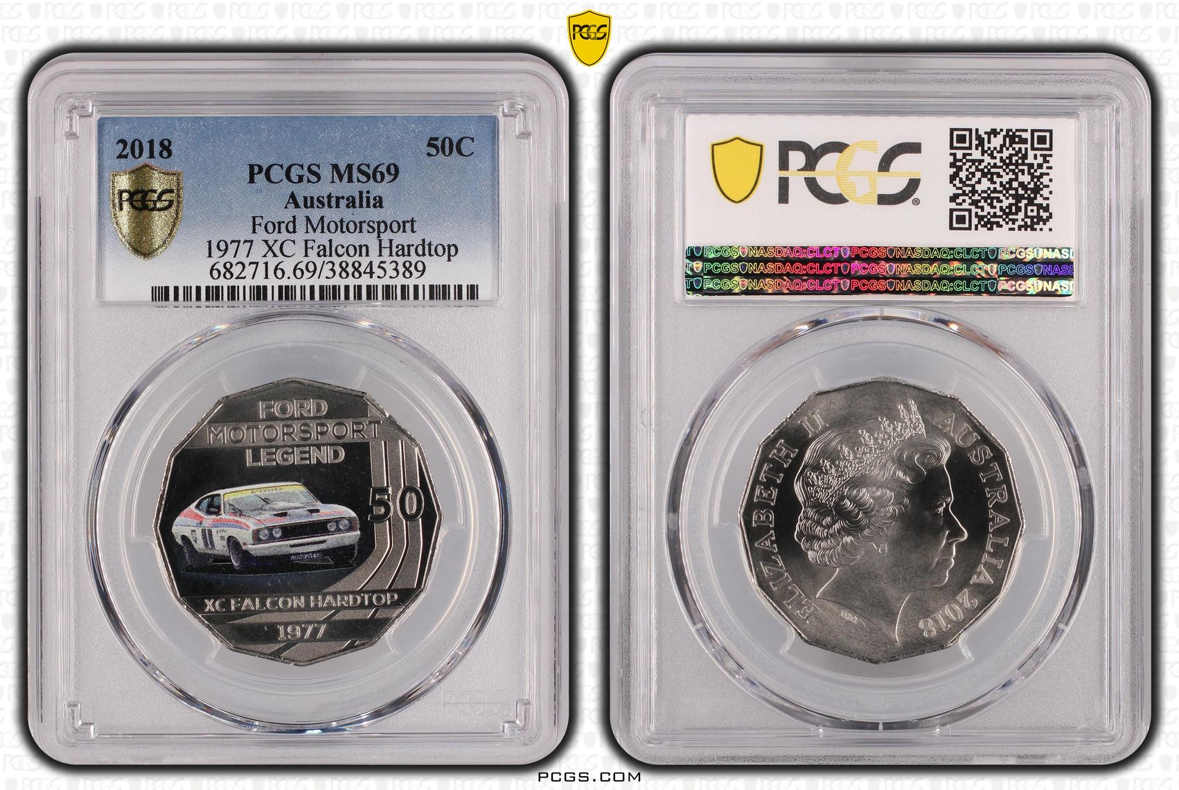 2018 Australia Fifty Cent, 50c Ford Motorsport - 1977 XC Falcon Hardtop PCGS - MS69 -389