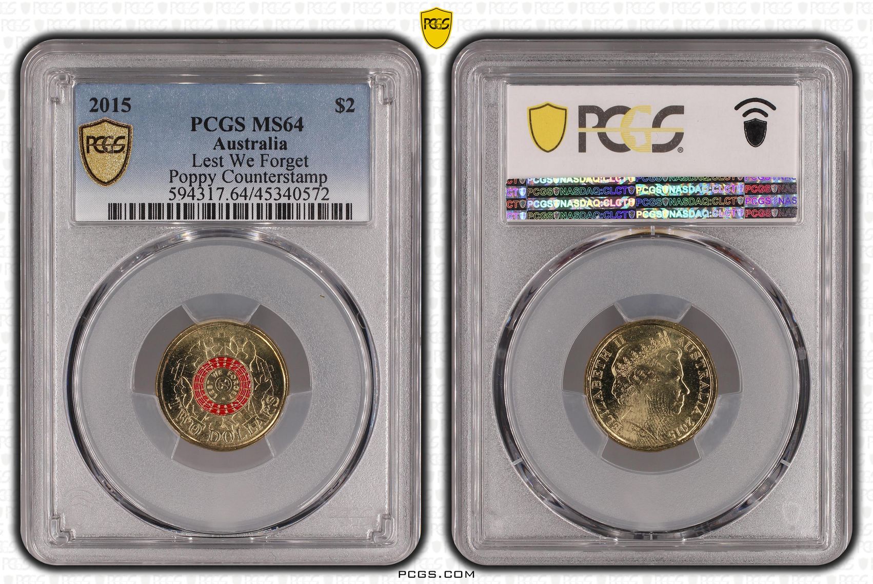 Elizabeth II, Lest We Forget Colorized Poppy counterstamp, Two Dollar, 2015, PCGS MS64