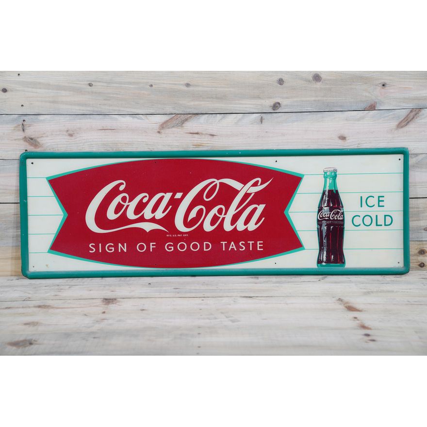 Coke w/ Fish Tail Logo & Bottle Single Sided Tin Self Framed Metal Sign TAC 8