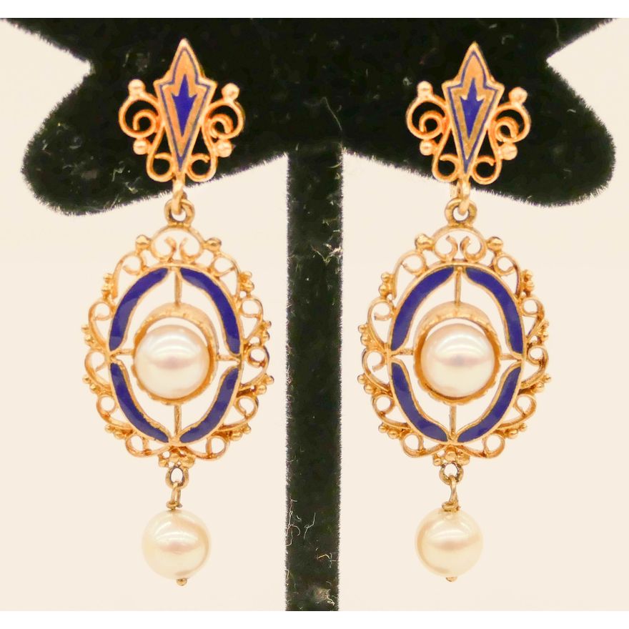 Pair Victorian 14k Cobalt Enameled Pearl Earrings