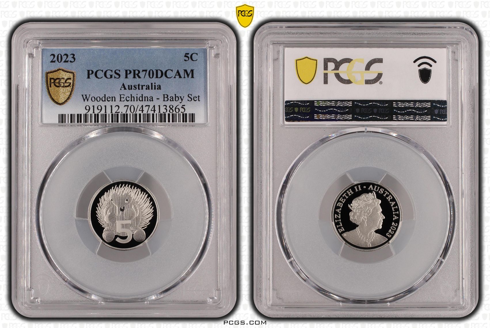Elizabeth II, Wooden Echidna - Baby Set, Five Cent, 2023, PCGS PR70DCAM