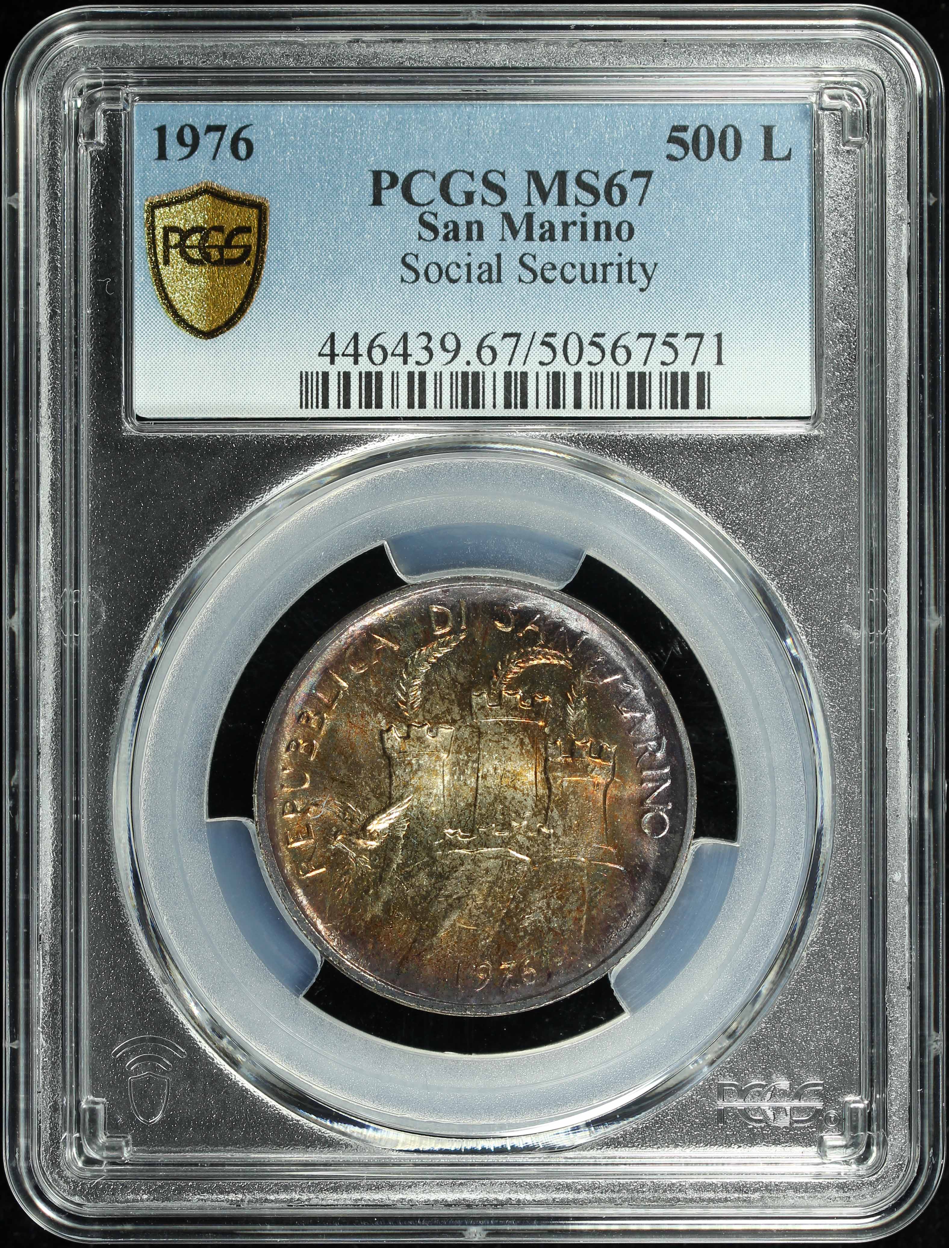 1975年サンマリノ古代の石工（聖マリヌス） 500リラ銀貨 PCGS認証 SAN