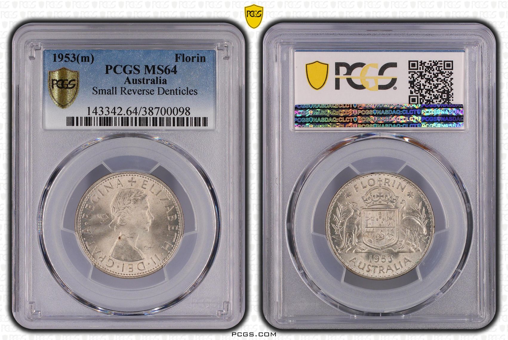 Small Reverse Denticles, Florin, 1953(m), PCGS MS 64
