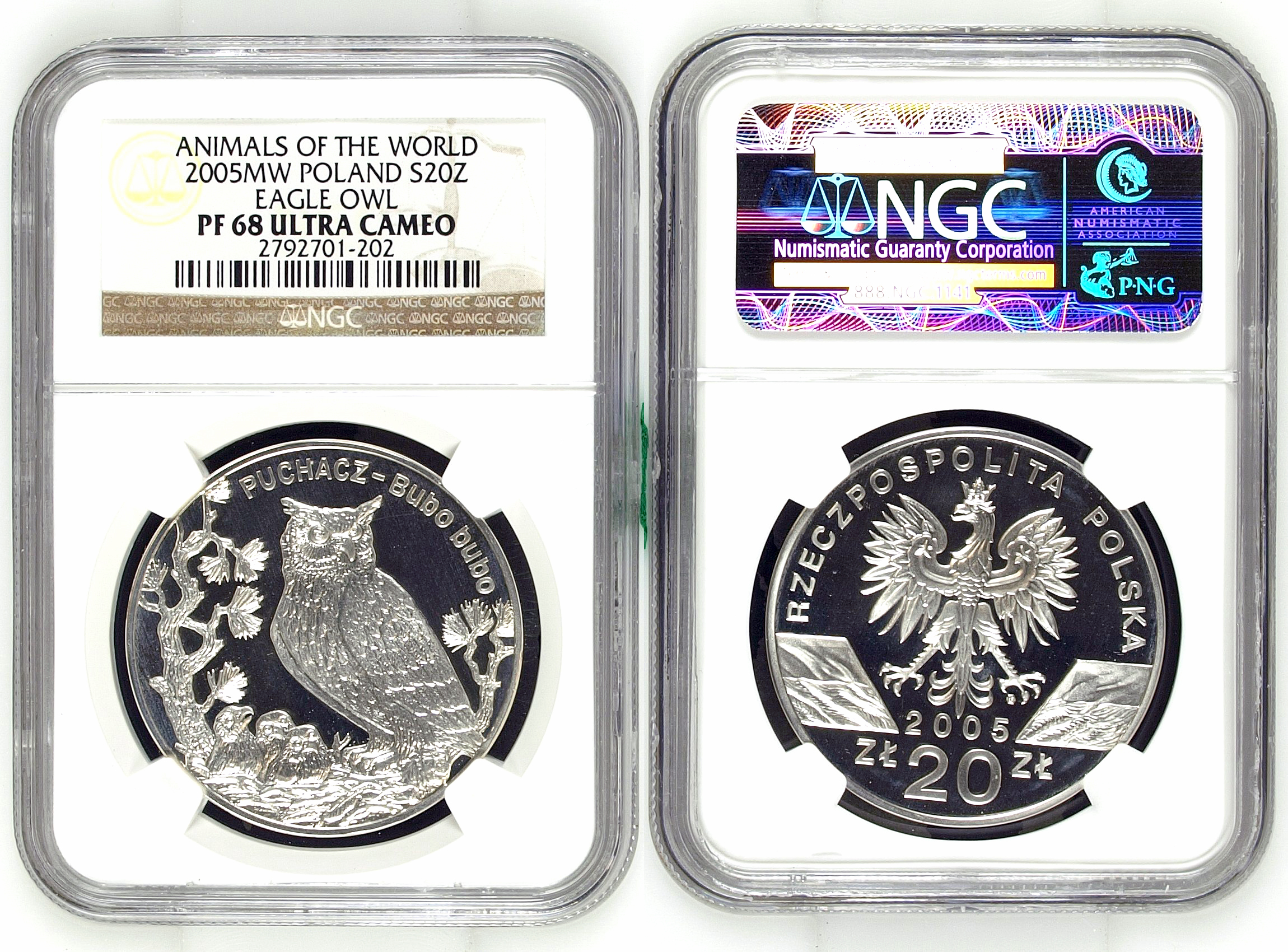 Poland, Eagle Owl, Twenty Zlotych, 2005, NGC PF 68 ULTRA CAMEO