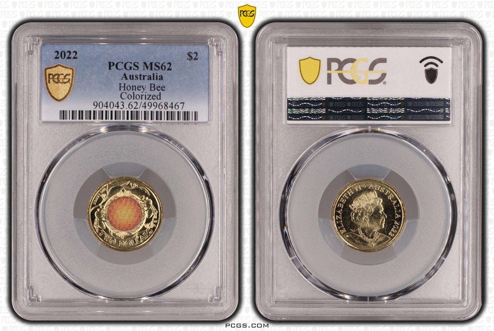 Honey Bee Colourised, Two Dollar, 2022, PCGS MS62