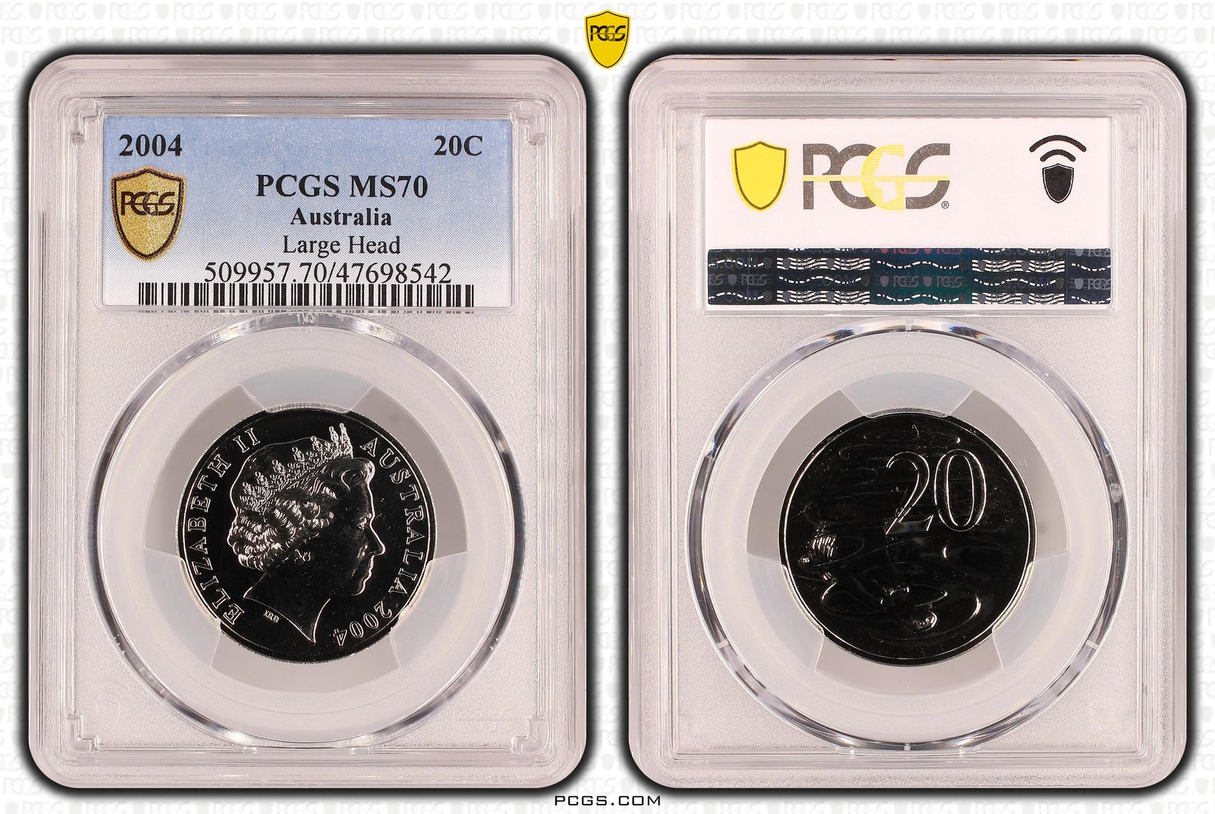 73 · Elizabeth II, Large Head, Pop 6/0, Twenty Cent, 2004, PCGS MS70