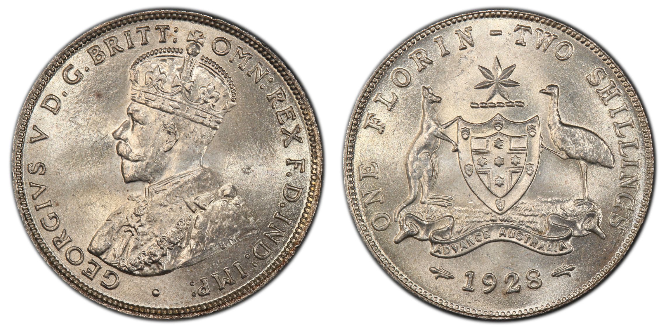 George V, Florin, 1928, PCGS MS64+