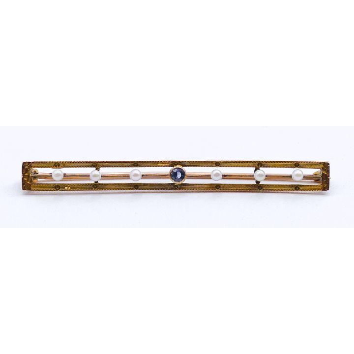 Edwardian 10k Sapphire & Seed Pearl Bar Brooch 2.25'' - 3 Grams