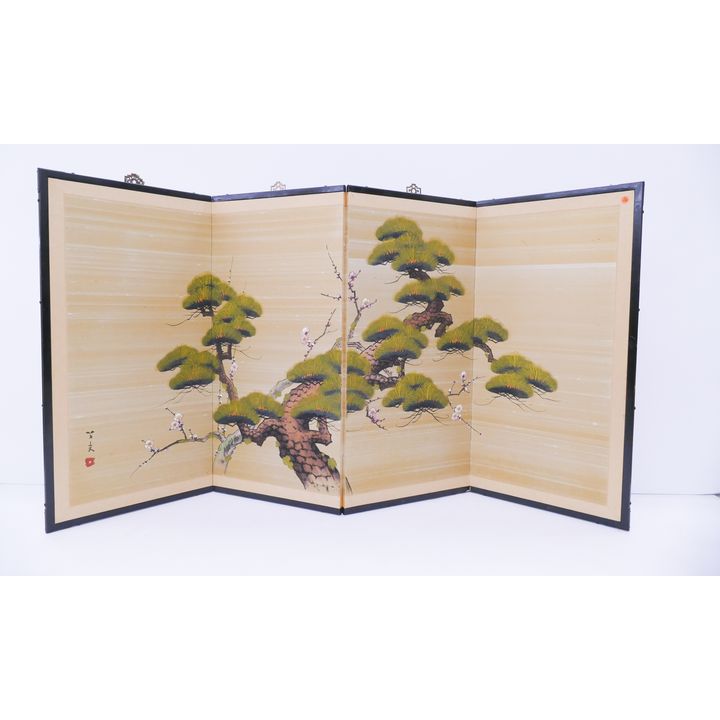 Japanese 4 Panel Painted Pine Tree Small Screen- 36x70''