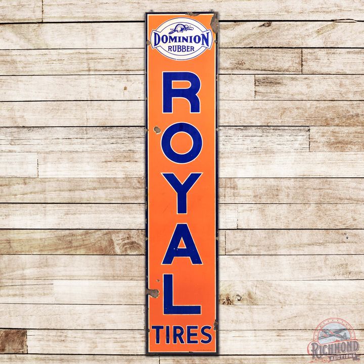 1945 Dominion Royal Tires Vertical SS Porcelain Sign w/ Beaver