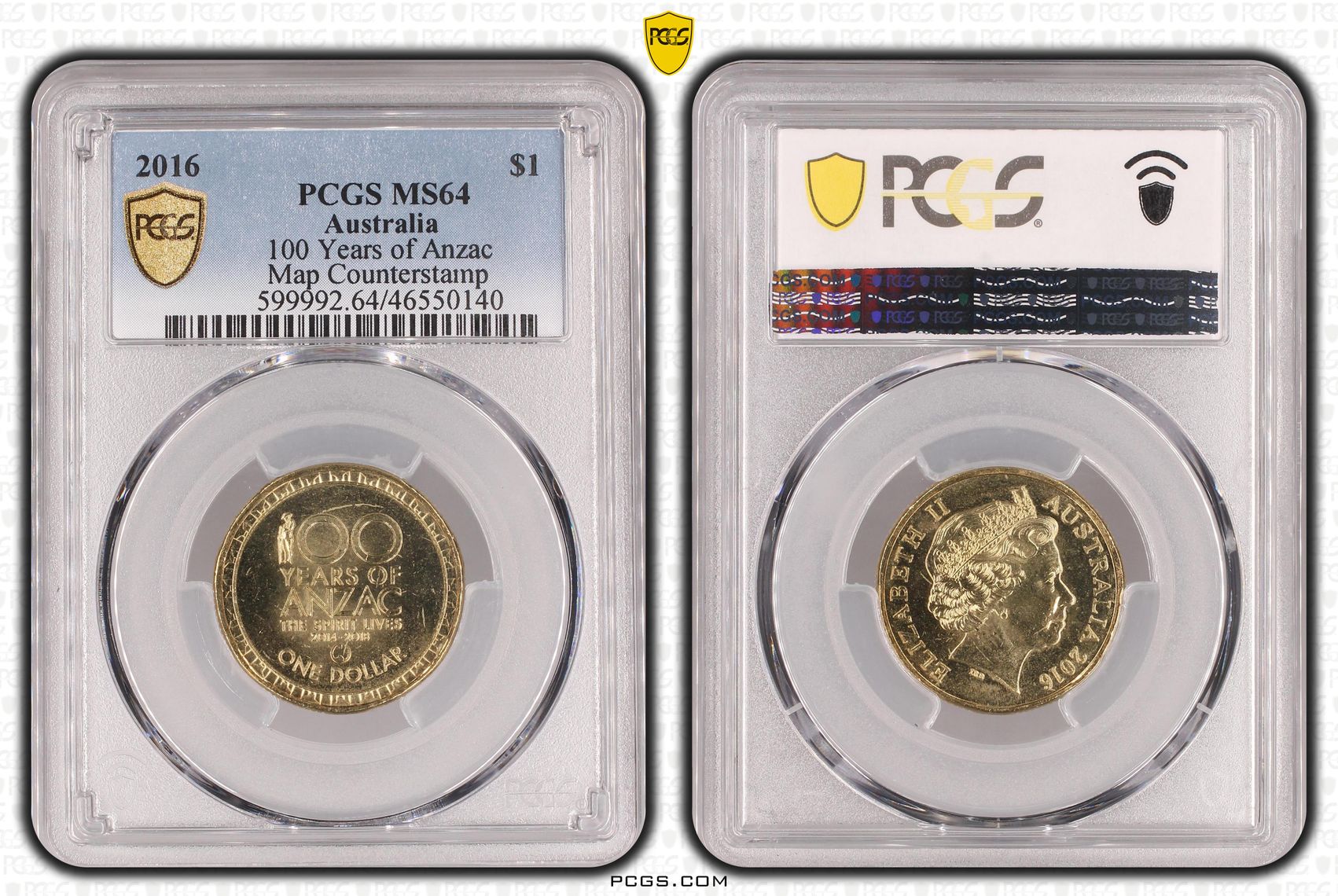 100 Years of Anzac, Map Counterstamp, One Dollar, 2016, PCGS MS64