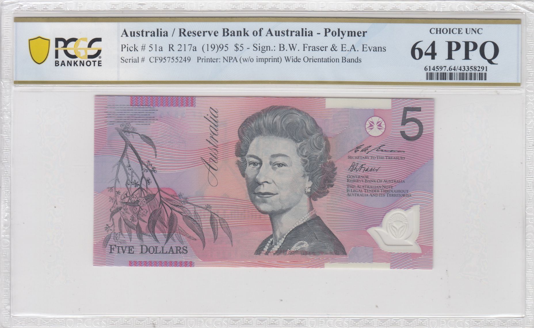 1995 $5 Fraser/Evans Choice Unc 64 PPQ