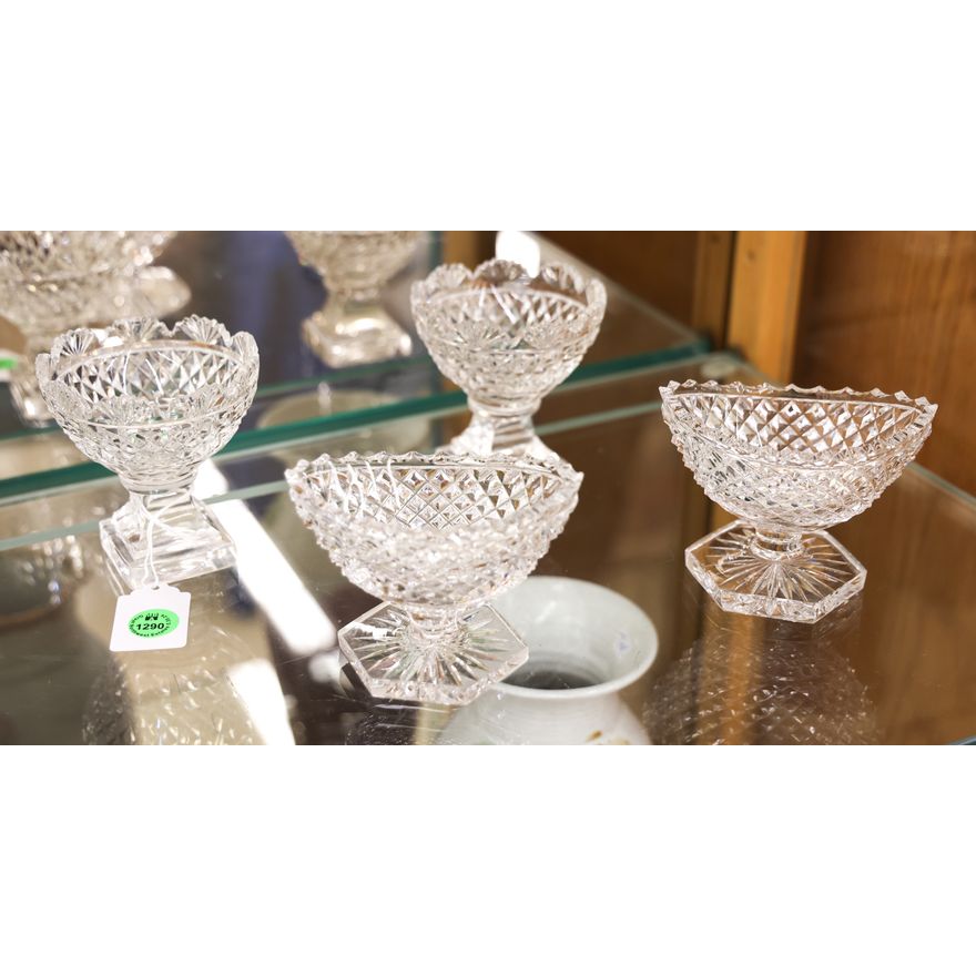 2 Pairs Antique Cut Glass Open Salts 3'' to 3.5''