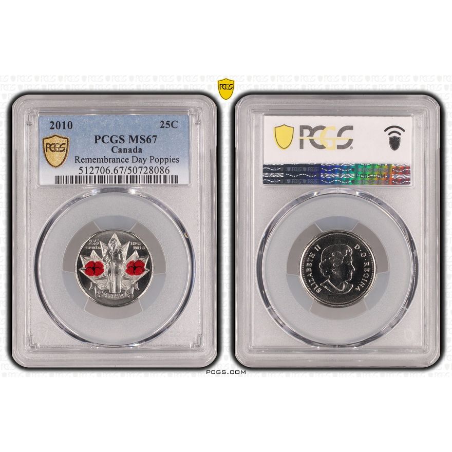 Canada, Remembrance Day Poppies, Twenty Five Cent, 2010, PCGS MS67