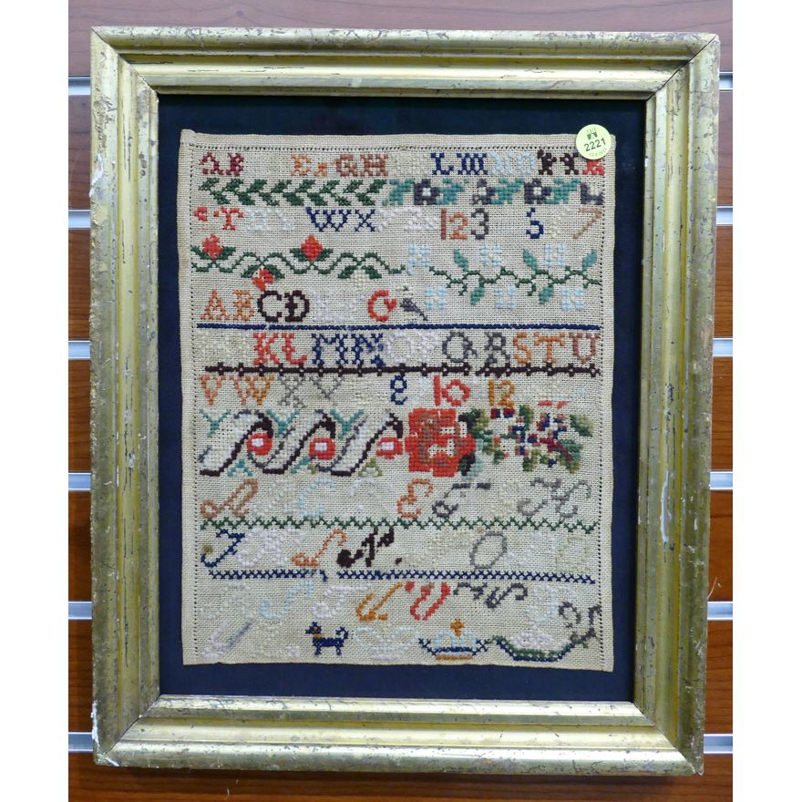 Antique Needlework Sampler Framed- 16x13''