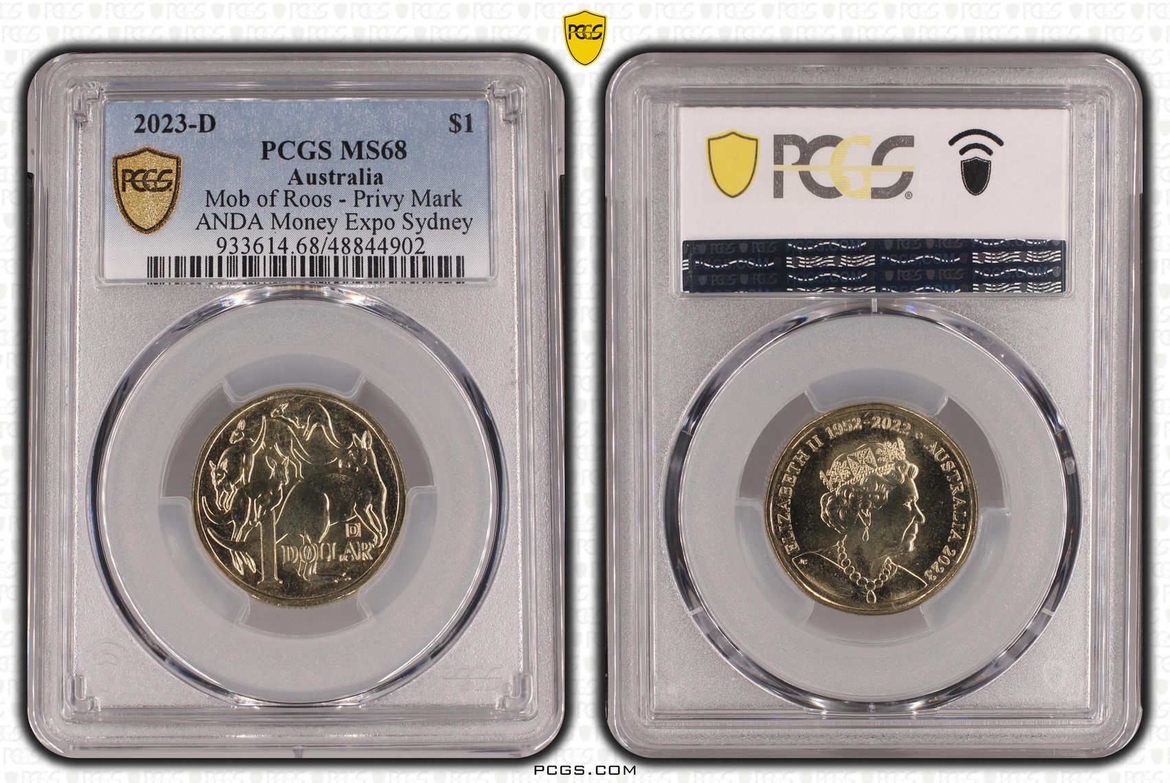 Mob of Roos - Privy Mark ANDA Money Expo Sydney, One Dollar, 2023-D, PCGS MS68