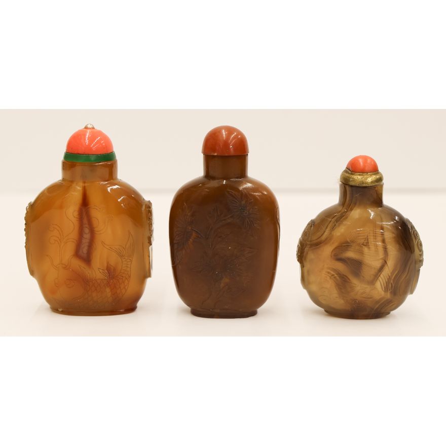 3pc Chinese Decorated Agate Snuff Bottles