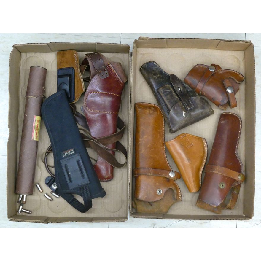 2 Boxes Old Leather Pistol Holsters etc.