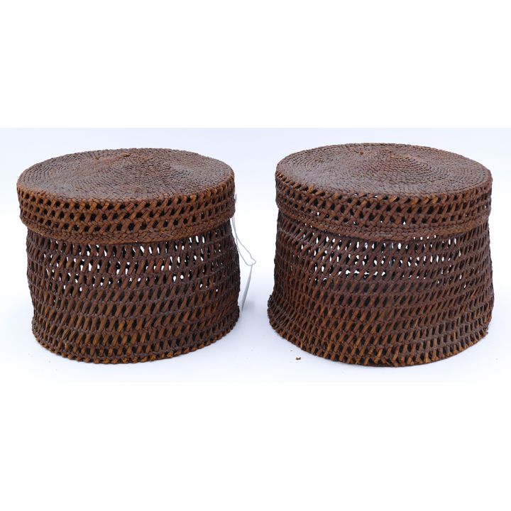 Pair Antique Tlingit Covered Indian Baskets