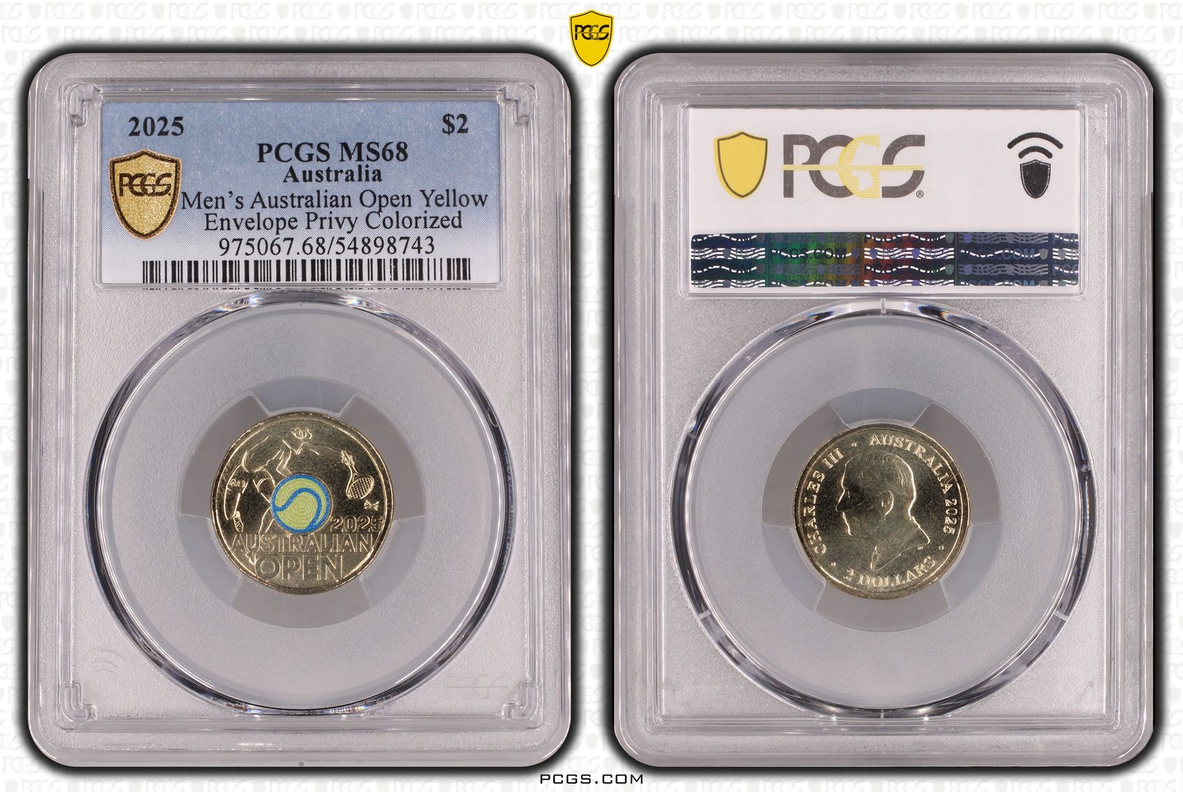 Men's Australian Open Yellow Envelope Privy Colourised, Two Dollar, 2025, PCGS MS68