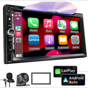 DOUBLE DIN CAR STEREO WITH CD/DVD PLAYER, 7-INCH TOUCH SCREEN, BLUETOOTH 5.2, CARPLAY/ANDROID AUTO, BACKUP CAMERA, USB/TF CARD SLO