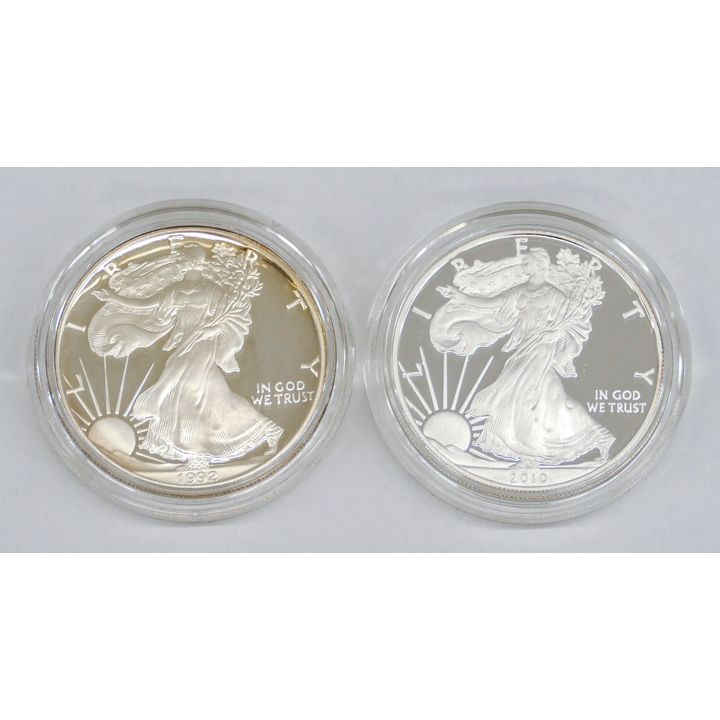 2pc US American Eagle Silver 1oz Coins 1992 and 2010