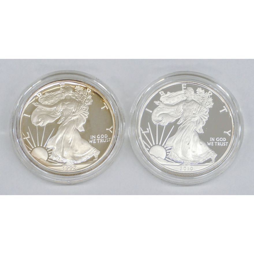 2pc US American Eagle Silver 1oz Coins 1992 and 2010