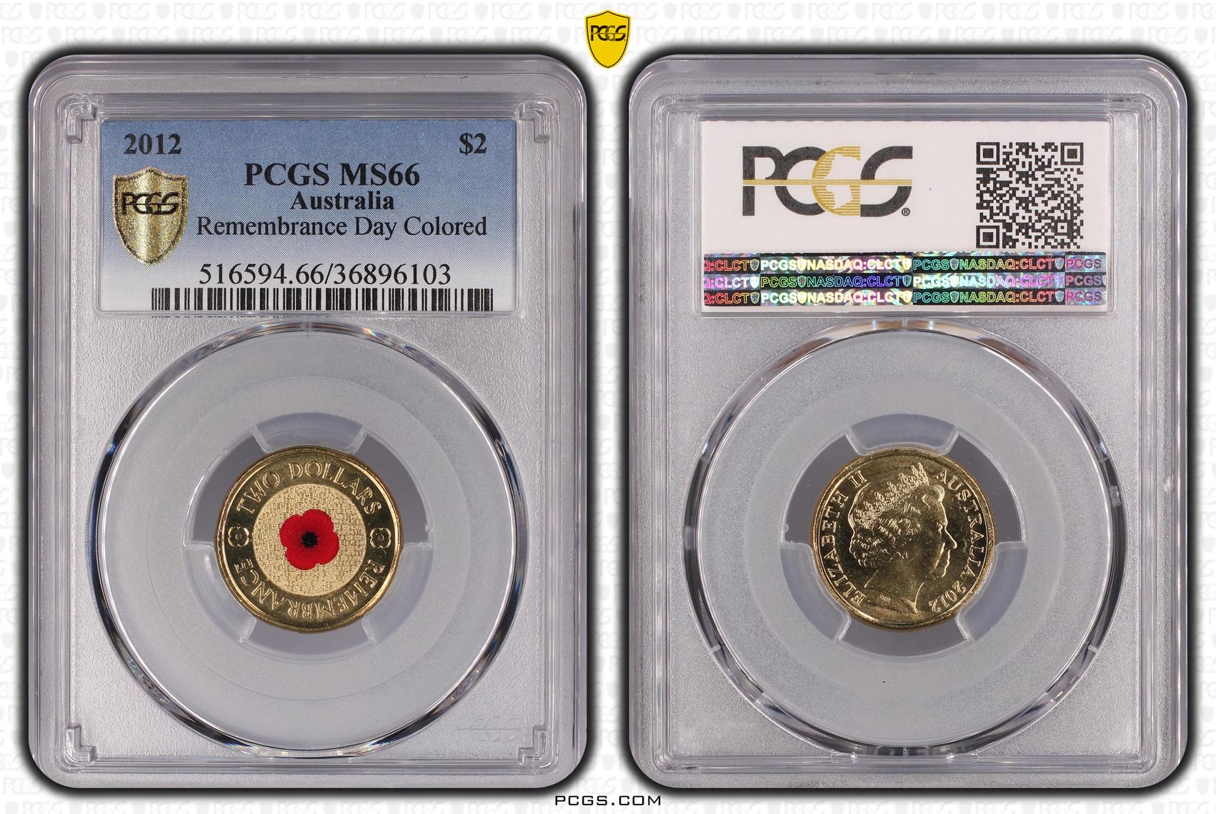 2012 Australia Two Dollar, $2 Remembrance Day Colored PCGS - MS66 -103