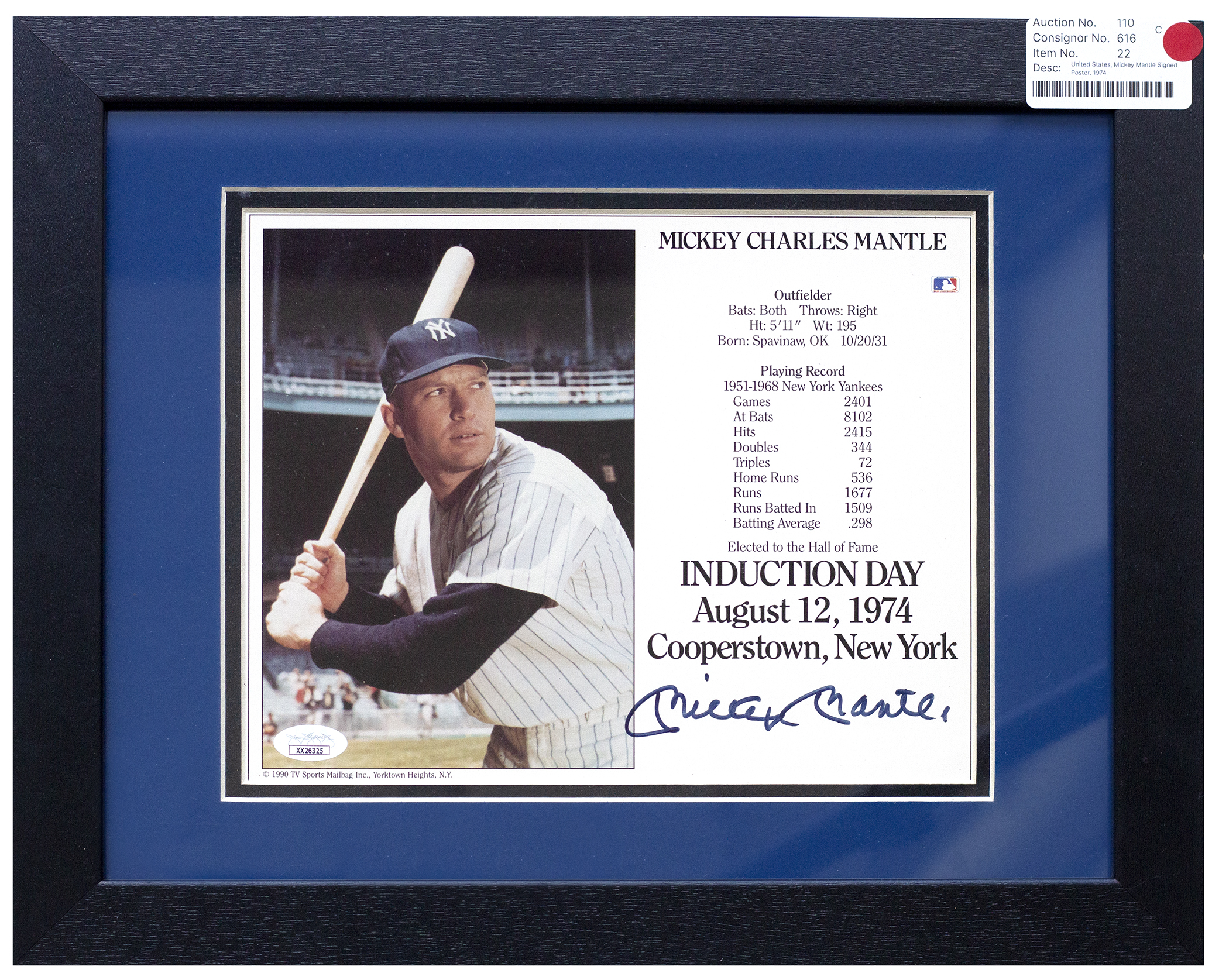 United States, Mickey Mantle Signed Poster, 1974, VGC