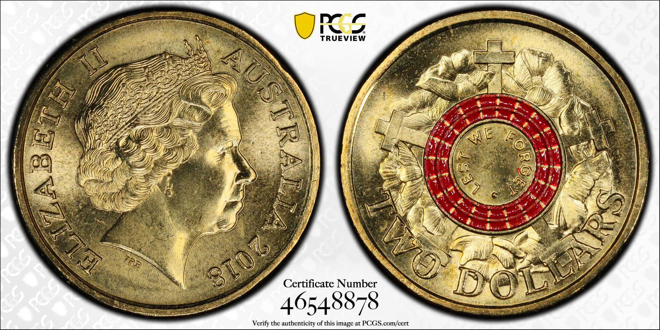 Elizabeth II, Lest We Forget - War Graves 30th Ann. $2 Coin Colorized , Two Dollar, 2018, PCGS MS66