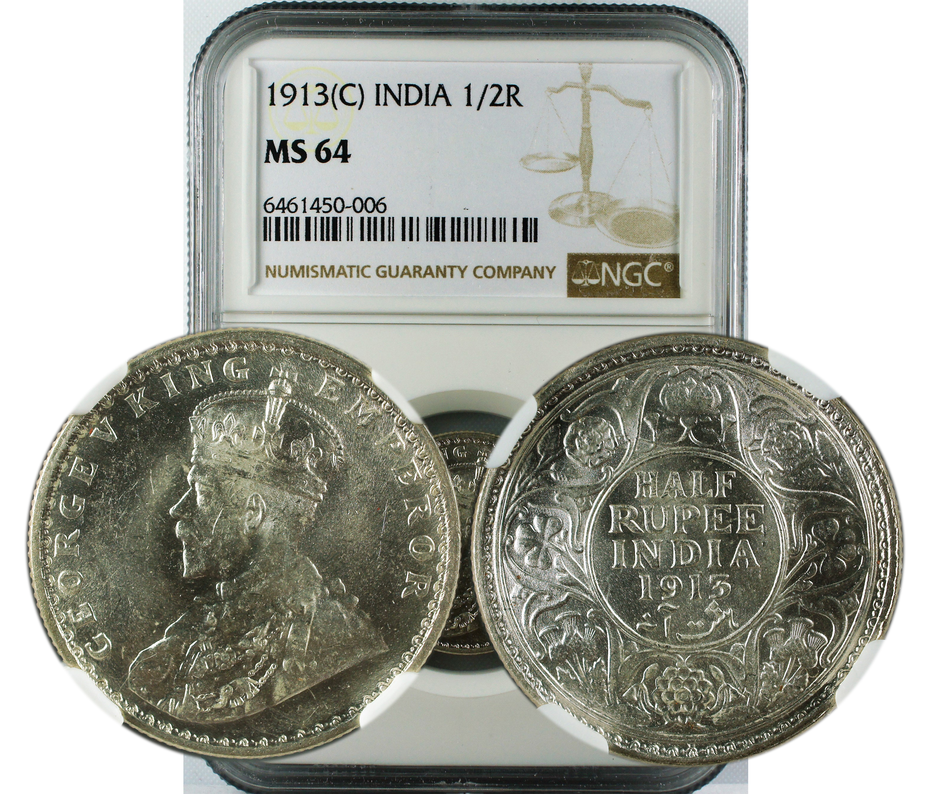 1913 C INDIA 1/2 RUPEE MS 64