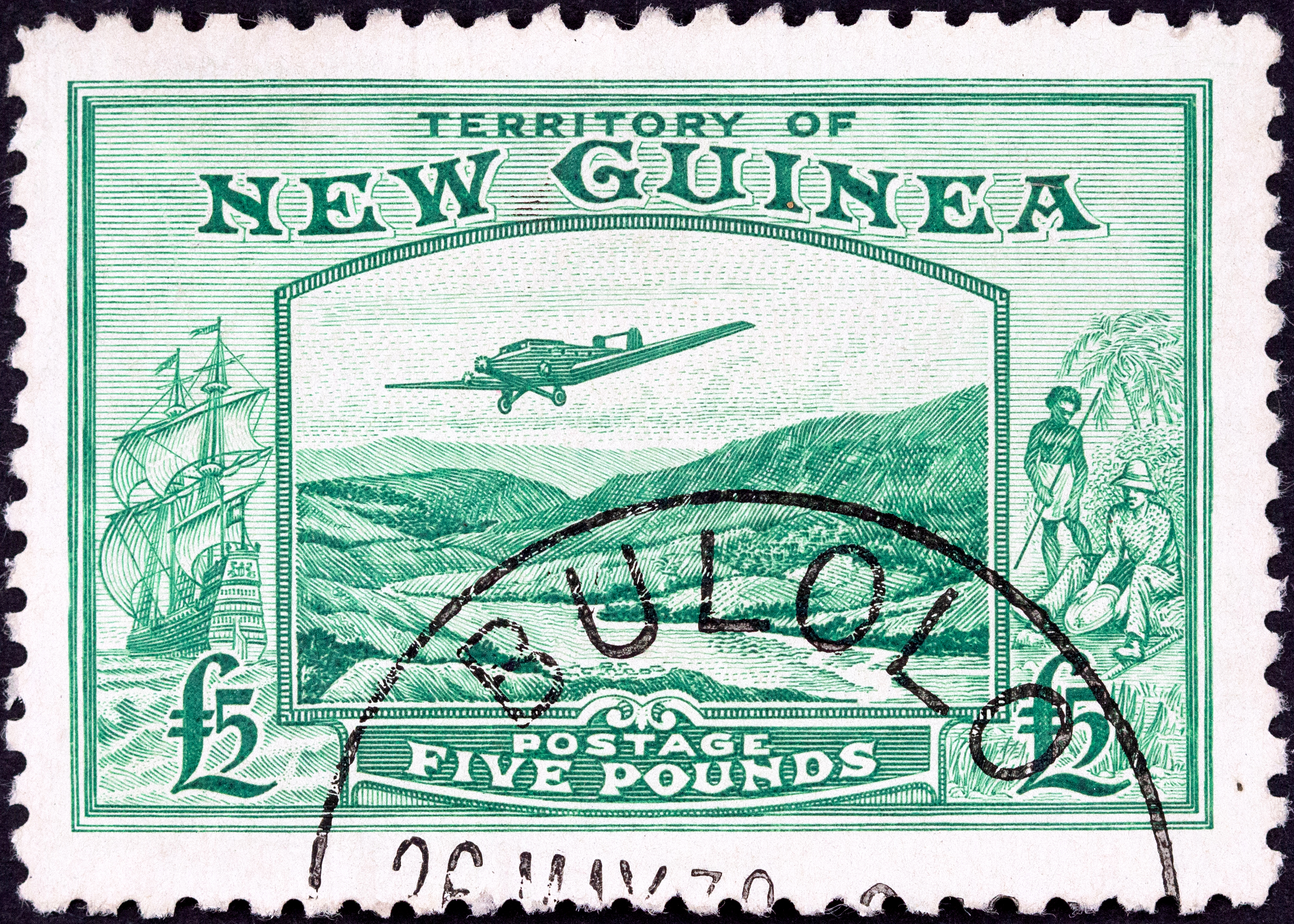 New Guinea, Bulolo Airmail, Five Pounds, Emerald-Green, 1935, FU