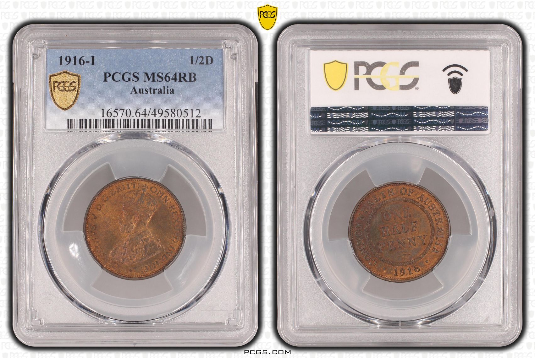 George V, Halfpenny, 1916-I, PCGS MS64RB