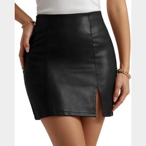 MANGOPOP WOMENS HIGH WAIST BODYCON MINI SHORT FAUX LEATHER SKIRT WITH SLIT, M