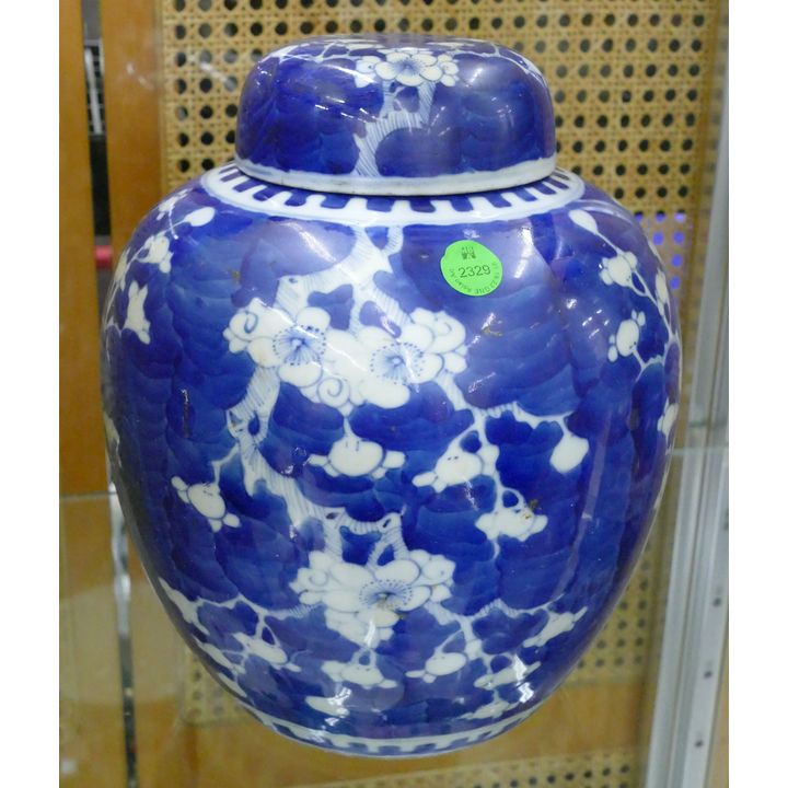 Chinese Qing B&W Large Prunus Jar 10''