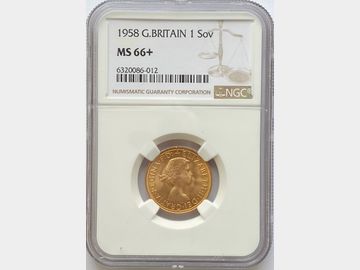 1958 ELIZABETH II PRE-DECIMAL GOLD SOVEREIGN MS66+ Top Pop!