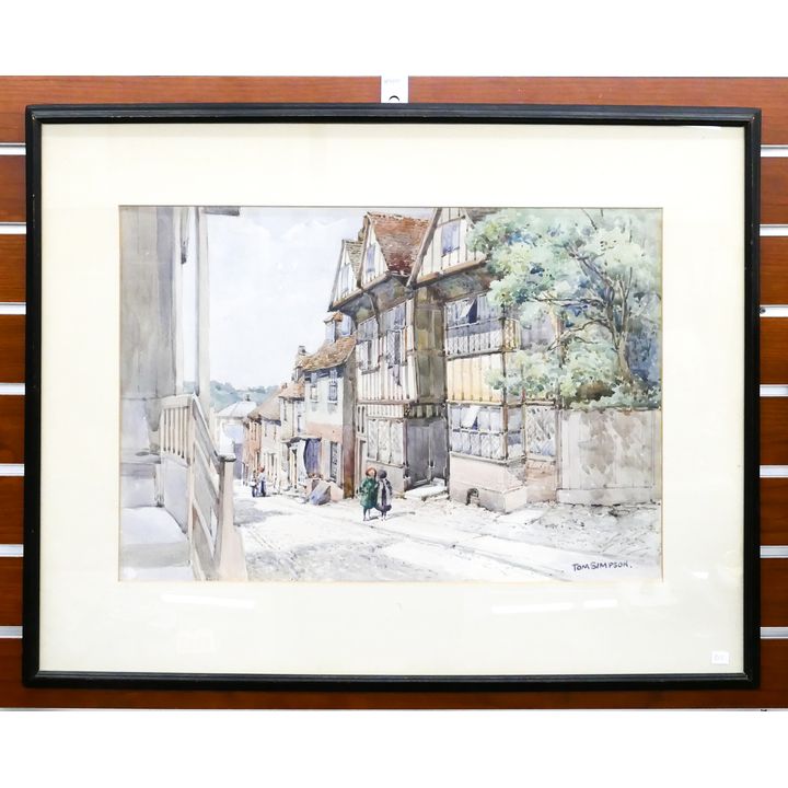Tom Simpson English Village Street Scene Watercolor Framed- 21x27''