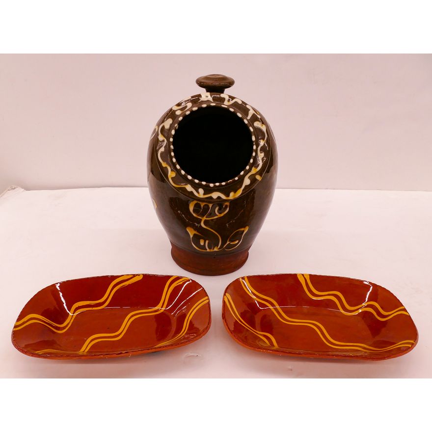 3pc Pennsylvania Slip Decorated Pottery- 2 Trays & Salt Pig- 9.5'' and 11''