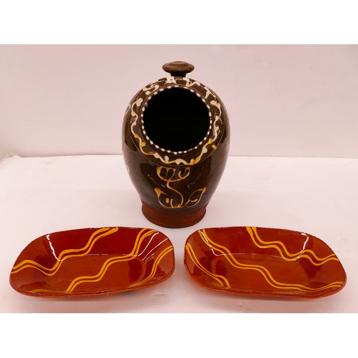 3pc Pennsylvania Slip Decorated Pottery- 2 Trays & Salt Pig- 9.5'' and 11''