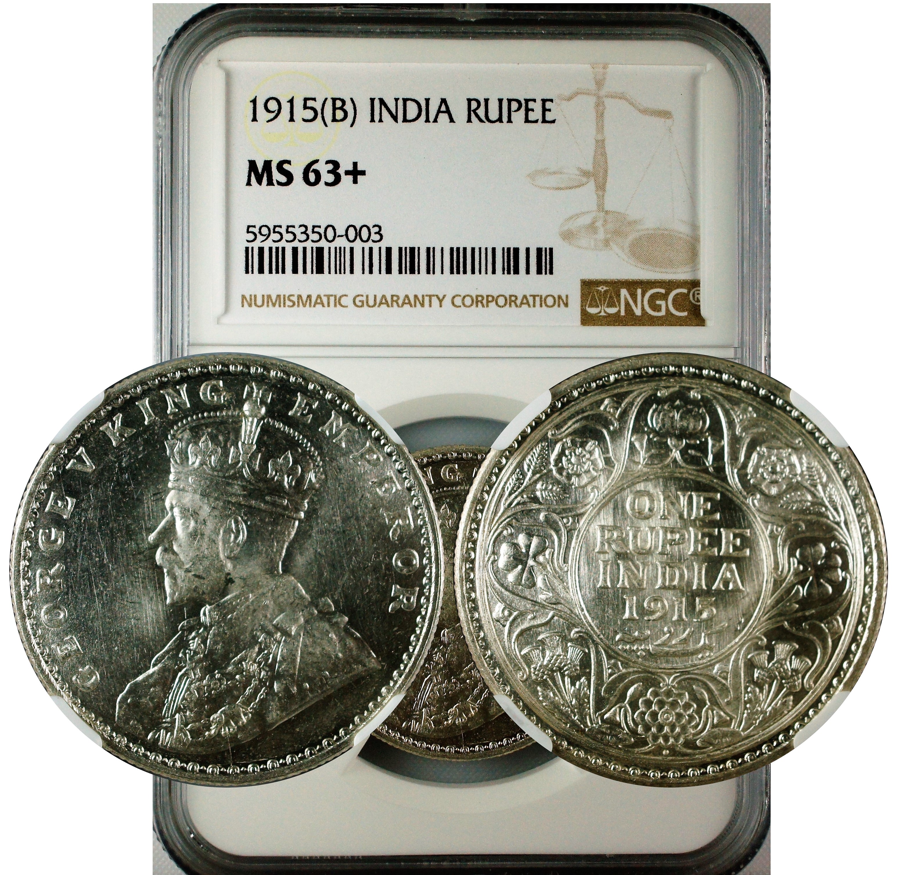 India 1915 B Rupee NGC MS63+